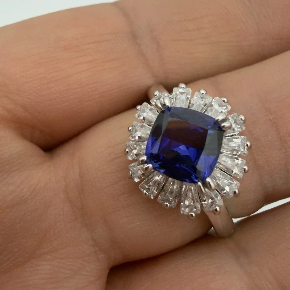 Vtg Saphire Halo Ring İLU 925 Sterling Silver Clear CZ 8.25